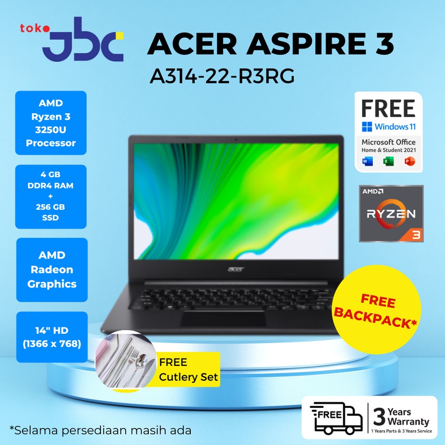 Laptop Notebook ACER ASPIRE A314-22-R3RG AMD RYZEN 3 3250U 4GB 256GB SSD 14&quot; HD W11+OHS 2021