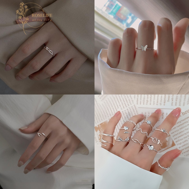 Cincin Model Terbuka Adjustable Desain Butterfly Crown Branch Bahan S925 Silver Gaya Korea Untuk Wanita