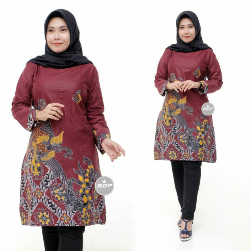 COUPLE BATIK TUNIK KEMEJA EMHABATIK BATIK TERLARIS top-Tunik kenari abang