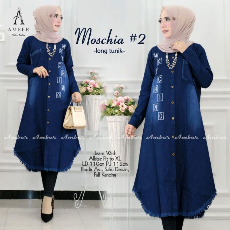 Moschia#2 Tunik Levis Jeans Bordir Asli Aksen Rawis Ld110 Jumbo Fit XXL Busui Kancing Aktif By Amber