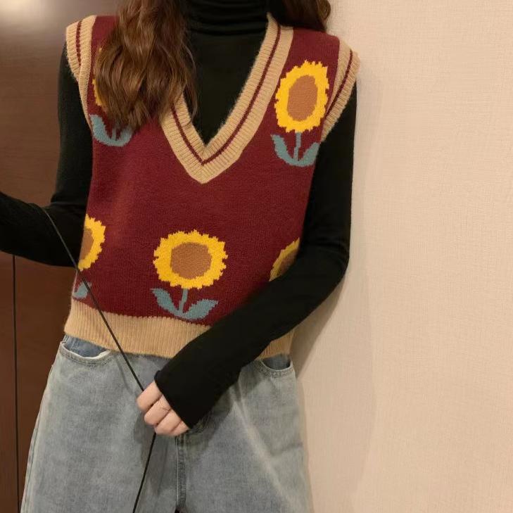 Berkualitas  Knit Sweater rajut tanpa lengan - rajut Rompi Bunga korea Atasan Wanita Rajut   Import 