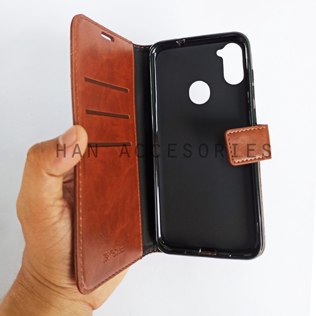 (PAKET HEMAT) Fashion Selular Flip Leather Case Samsung Galaxy A11 Flip Cover Wallet Case Flip Case + Nero Temperred Glass