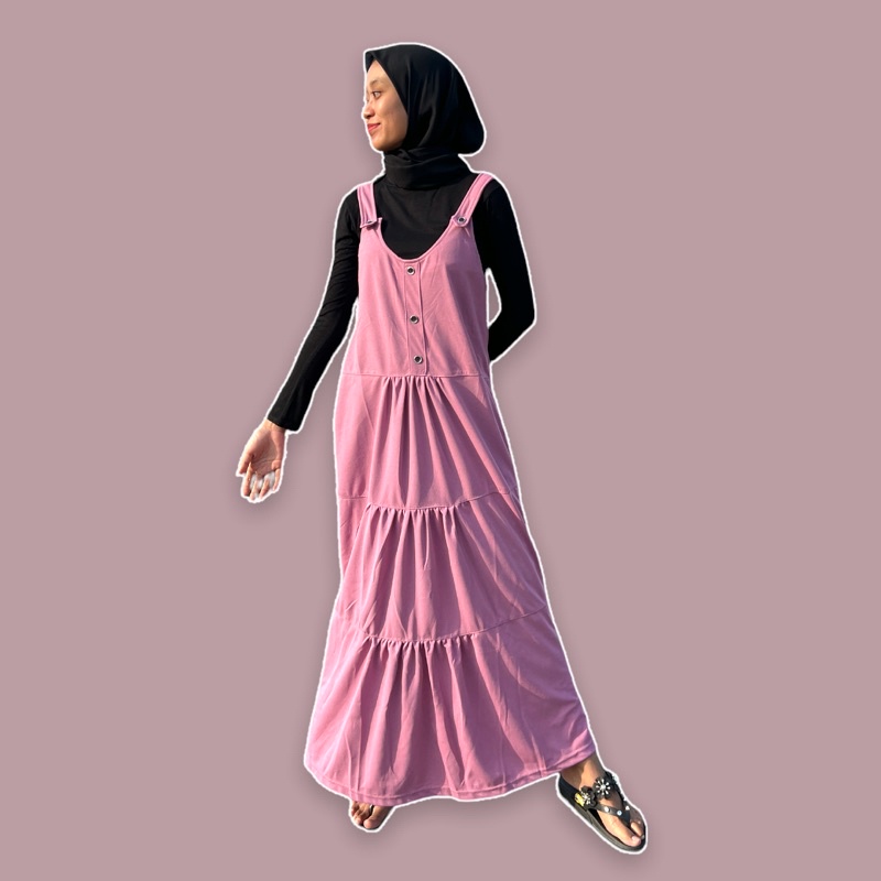 OVERALL PANJANG WANITA DEWASA BAWAH REMPEL BAJU OUTER TERUSAN MUSLIM ROK REMPEL KEKINIAN BAHAN VOXY MELAR MODEL KANCING