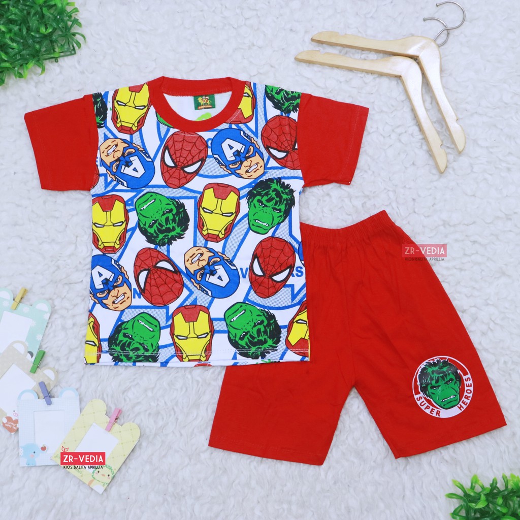 Setelan SuperHero  uk 9-10 Tahun / Kaos Karakter Anak Laki Celana Pendek Cowok Baju Main Murah