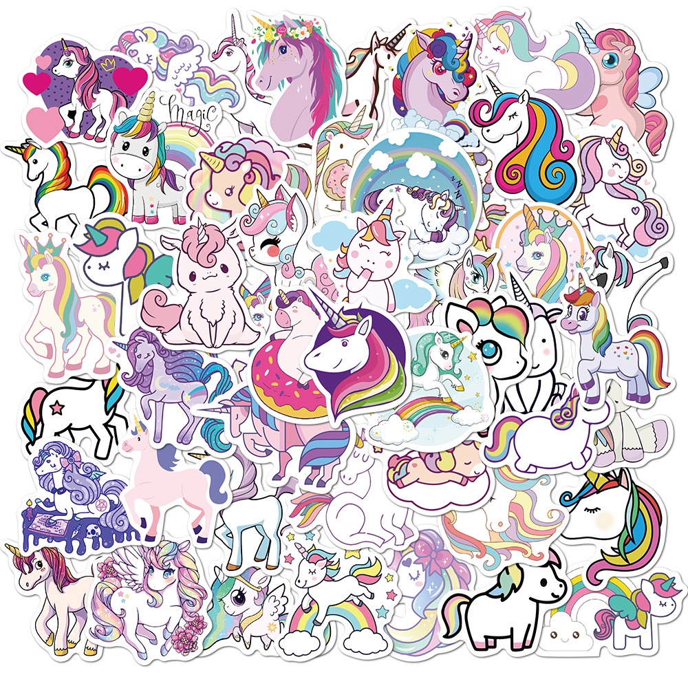 50 Pcs Colorful Cute Cartoon Unicorn Pattern Graffiti Stickers for Guitar Helmet Luggage Laptop Decor