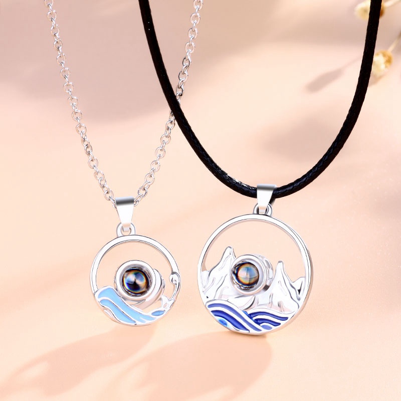 Black 2Pcs 100 Different Language I Love U Nanotechnology Lover Pendant Necklace Mountain Range Ocean Wave Lovers Jewelry Set