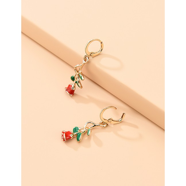 LRC Anting Tusuk Fashion Gold Color Rose Flower Drop Oil Alloy Earrings P12229