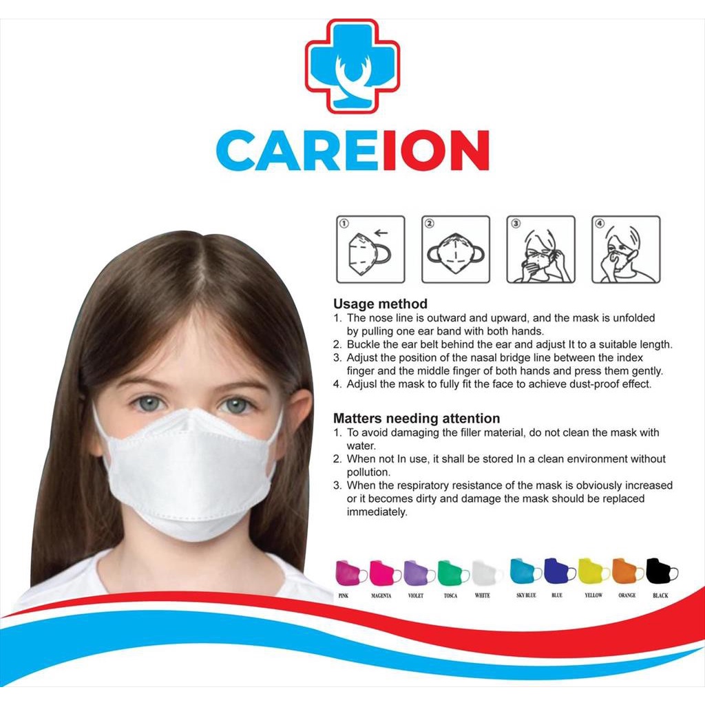 Masker Anak KF94 CAREION Korea 4ply Masker kf 94 ANAK CAREION isi 10pc - HITAM/PUTIH