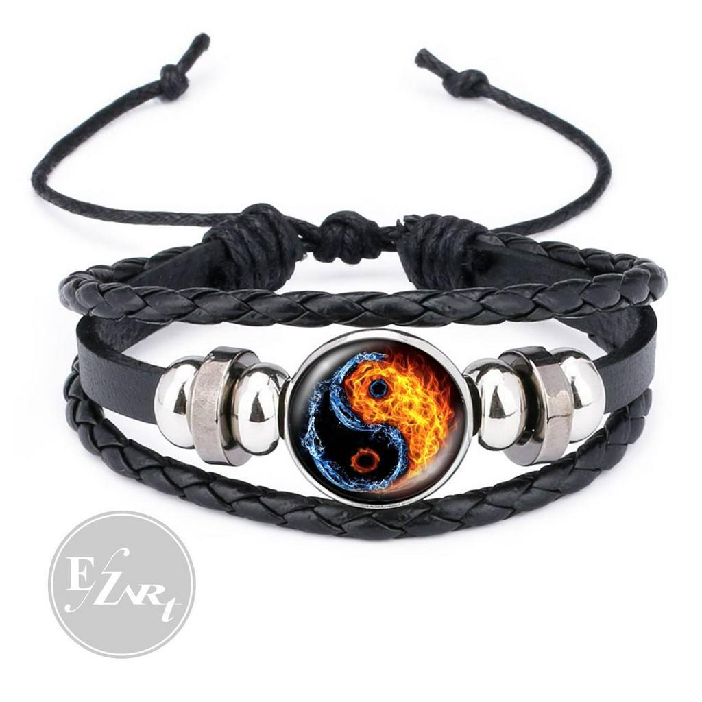 GELANG KEPANG MULTILAER YIN YANG TAICHI KACA CEMBUNG TALI KULIT ADJUSTABLE