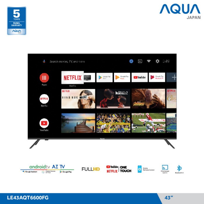 AQUA LED TV 43 INCH ANDROID 43AQT6600 USB MOVIE HDMI FHD / LE43AQT6600FG / LE43AQT6600 / 43AQT6600FG