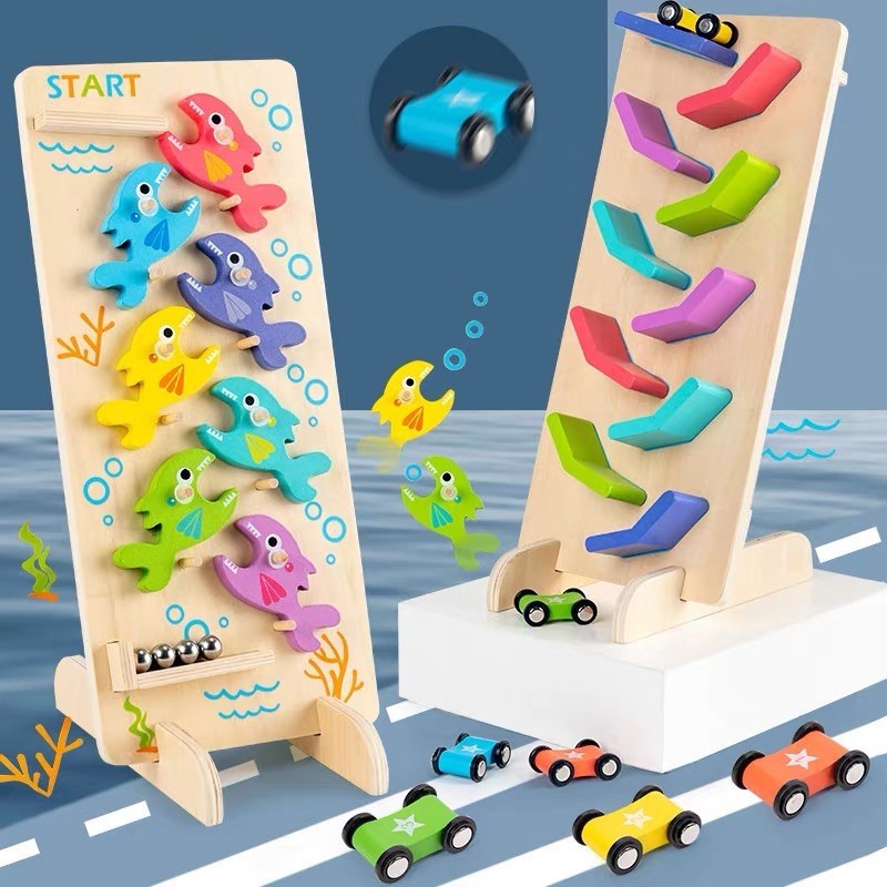 double sided sliding cars and ball fish wooden toys mainan rel kereta dan bola mobil