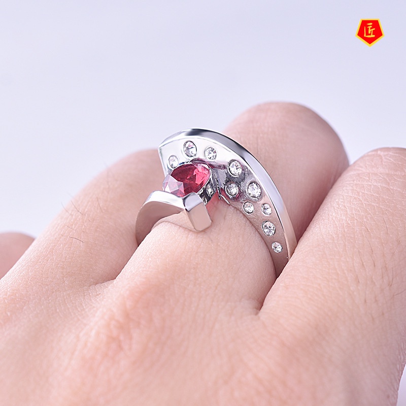 [Ready Stock]Creative Personality Platinum Inlaid Ruby Ring