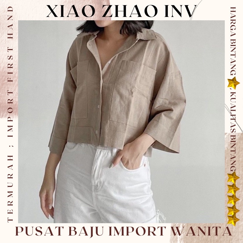 Baju Atasan Kemeja Crop Linen Pocket Polos Korean Style Fit to L | Outer Crop Linen