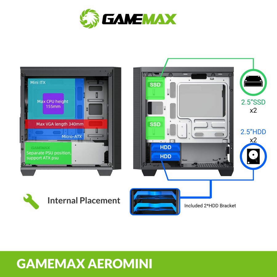 Gamemax Aero Mini PC Case Casing Komputer Gaming 3Fan RGB Tempered Glass Micro ATX
