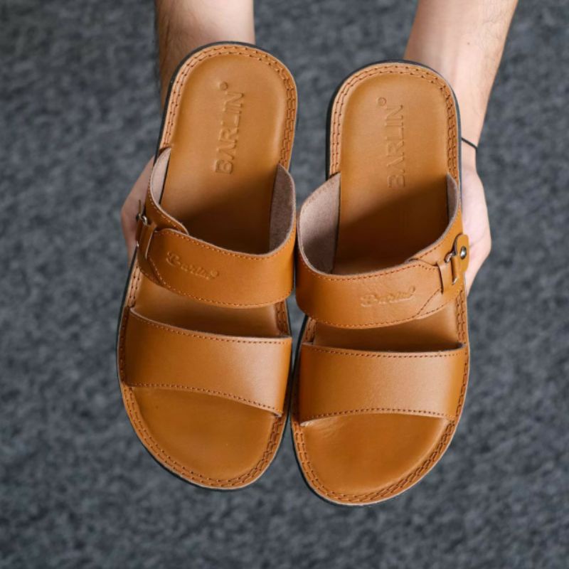 BRLN 005 Tan Sandal Kulit Pria Casual Santai Klasik Sendal Slide Sndal Selop Slop Original Full Kulit Asli