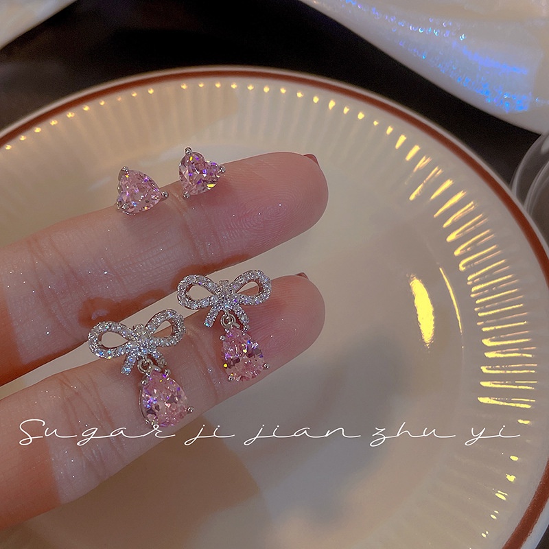 Anting Stud 925 Silver Needle Bentuk Pita Hati Bahan Zirkon Warna Pink Untuk Wanita