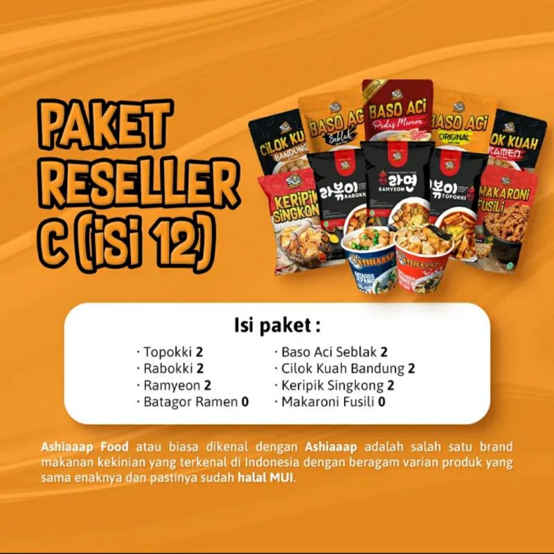 

ASHIAAAP PAKET C RESELLER ISI 12 PCS, RABOKKI 2 + TOPOKKI 2 + RAMYEON 2 + BASO ACI SEBLAK 2 + CILOK KUAH BANDUNG 2 + KERIPIK SINGKONG 2, MUMER SANGAT MURAH MAKANAN INSTAN TERMURAH TERENAK SEJAGAT RAYA