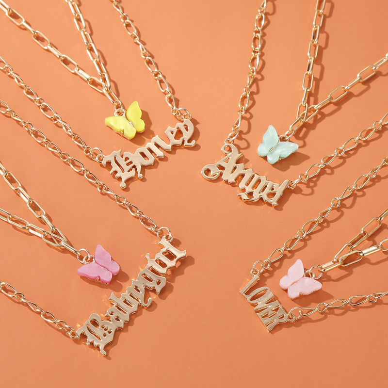 Fashion Acrylic Butterfly Necklace Double Layer Angel Babygirl Honey Lover Letter Pendant