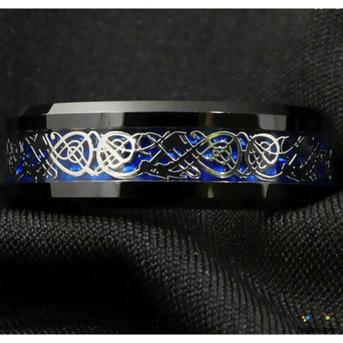 ✽UP✽Tungsten Carbide Ring Black Celtic Dragon Blue Carbon Fibre Wedding Jewelry