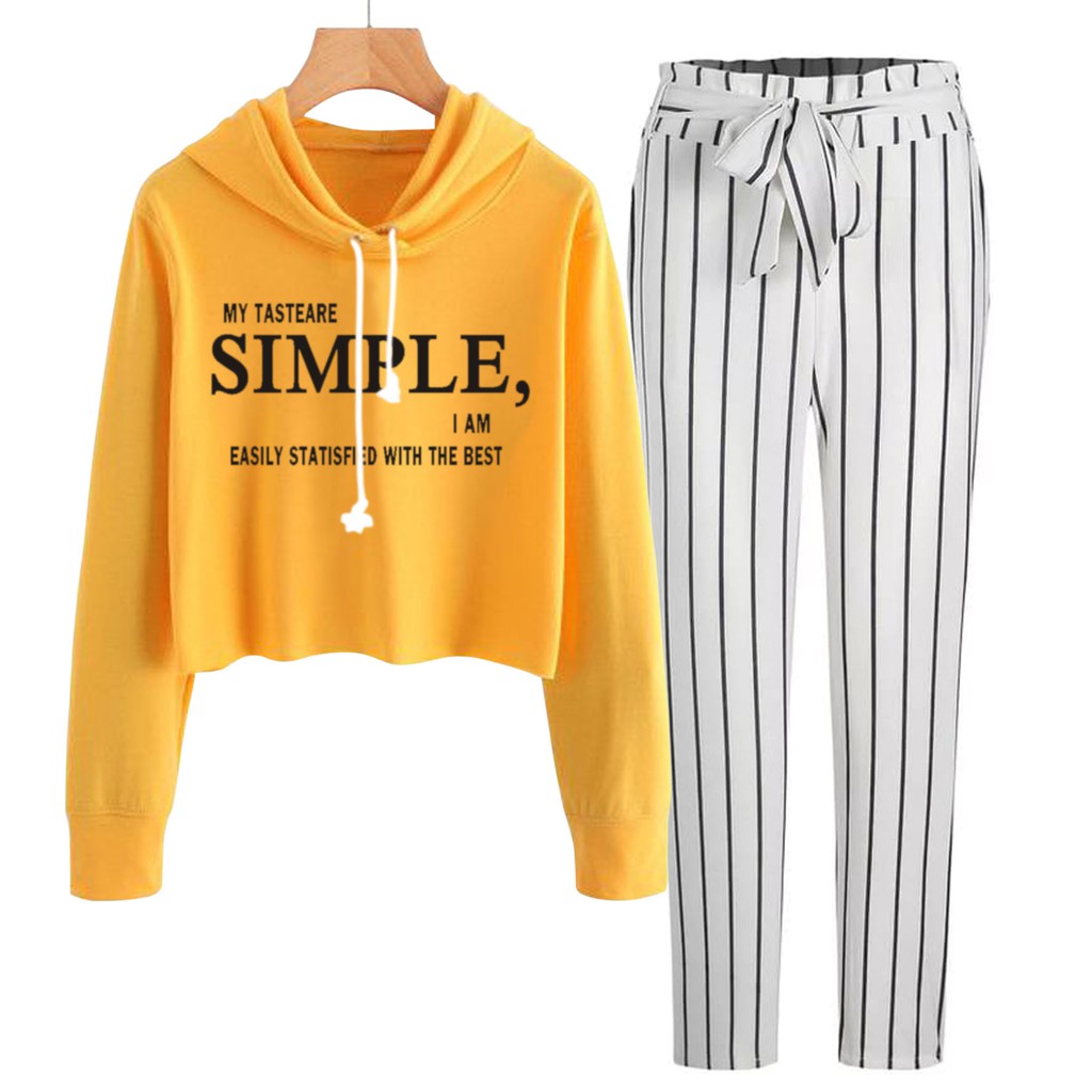 BESS - Baju Setelan Wanita Murah / Setelan Hoodie Crop + Celana Salur Putih - SIMPLE