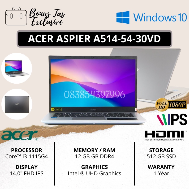 ACER ASPIRE A514-54-30VD [CORE I3-1115G4 - 12GB RAM DDR4 - SSD 512GB - INTEL UHD GRAPHICS - 14&quot; FHD IPS - CHARCOAL BLACK - FREE TAS &amp; INSTALL WINDOWS 10 SIAP PAKAI] - TEKNO KITA