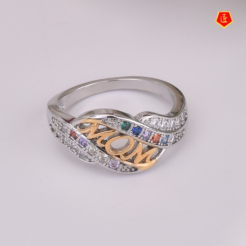 [Ready Stock]Creative Birthstone Two-Color Mom Diamond Gold Ring for Women