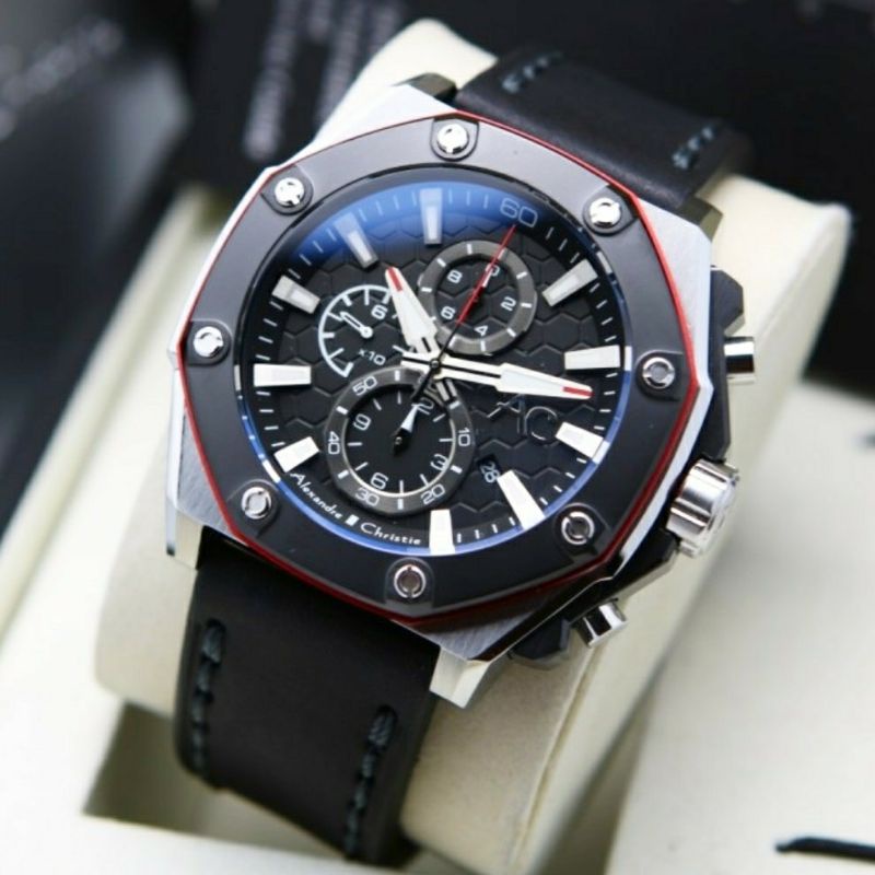 Alexandre Christie Original AC9601 Jam Tangan Pria Tali Kulit Hitam Silver