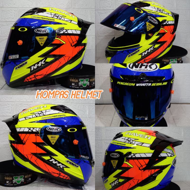 HELM NHK RX 9 MOTIF RAVEN RED BLUE YELLOW PAKET GANTENG VISOR BLUE + SPOILER + STIKER VISOR + TOP + 