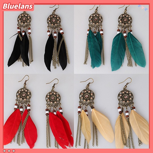 Anting Kait Gantung Panjang Desain Dream Catcher Aksen Rumbai Bulu Gaya Vintage Etnik Bohemia Untuk Wanita