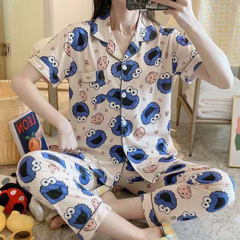 BAJU TIDUR PIYAMA SET KEMEJA CP LENGAN PENDEK CELANA PANJANG IMPORT PREMIUM BANYAK MOTIF-Sesame Street Ungu