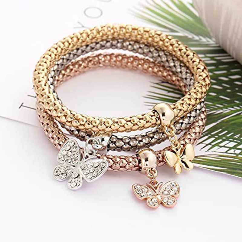 3pcs Gelang Rantai Dengan Charm Hati Aksen Kristal Untuk Wanita