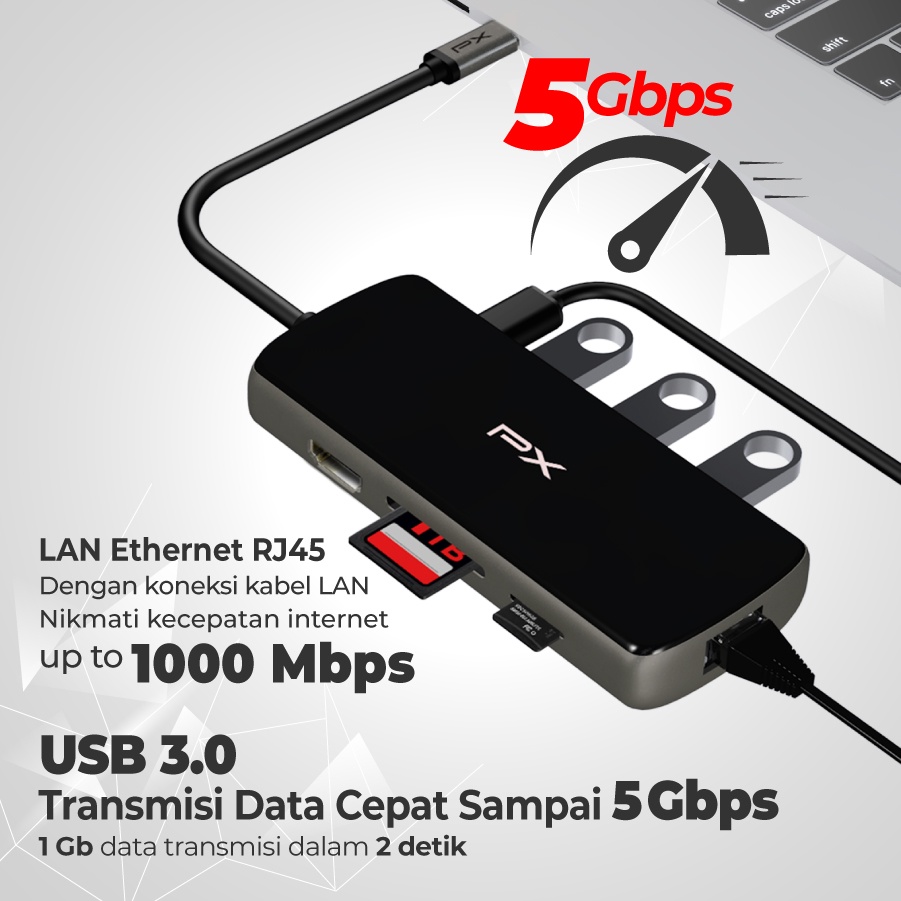 USB Type C Hub Converter to HDMI USB LAN Micro SD 8 in 1 PX UCH80B