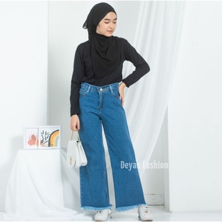 Image of DEYAN - Celana kulot jeans rawis wanita tebal premium
