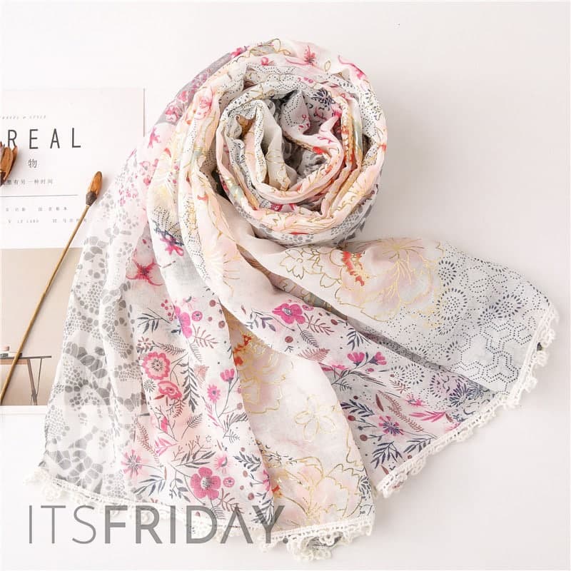 ITSFRIDAY NABA Scarf - Premium Pashmina Shawl Selendang Syal Pasmina Hijab Import Motif Flower Glitter Renda