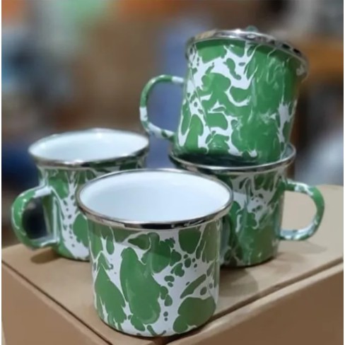 MUG CANGKIR ENAMEL SENG KALENG BLIRIK BURIK BLURIK LURIK LOREK LORENG JADUL KUNO ANTIK HIJAU 8 CM