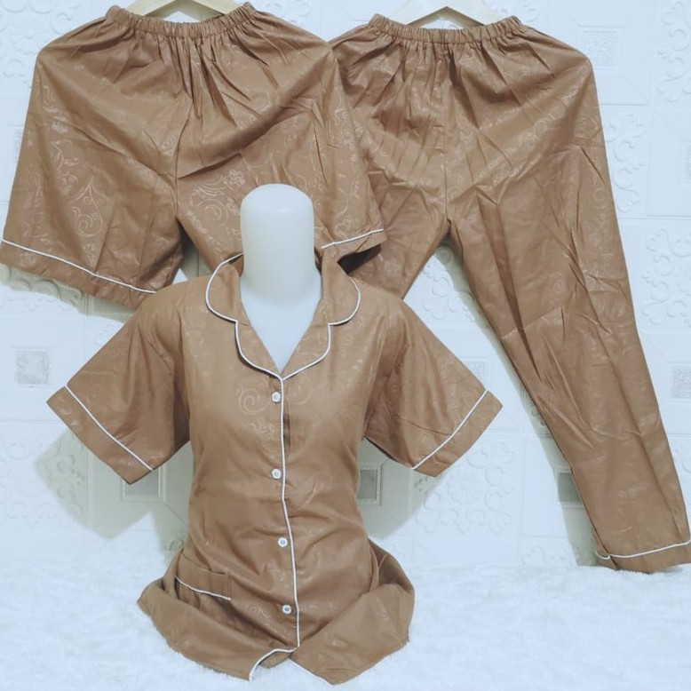 ISANNY PIYAMA SET 3IN1 SIZE.XL/PIYAMA SATIN EMBOS 3 IN 1/WARNA TERBANYAK/READY STOK/REAL PICT-COKSU MUDA