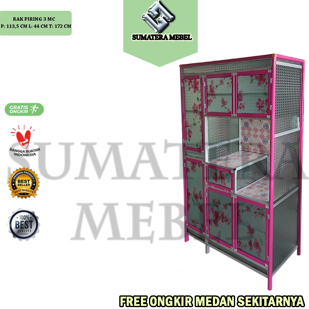 RAK PIRING ALUMINIUM 3 PINTU MAGIC COM - LEMARI MAKAN ALUMINIUM MINIMALIS 3 PINTU (WARNA PINK)