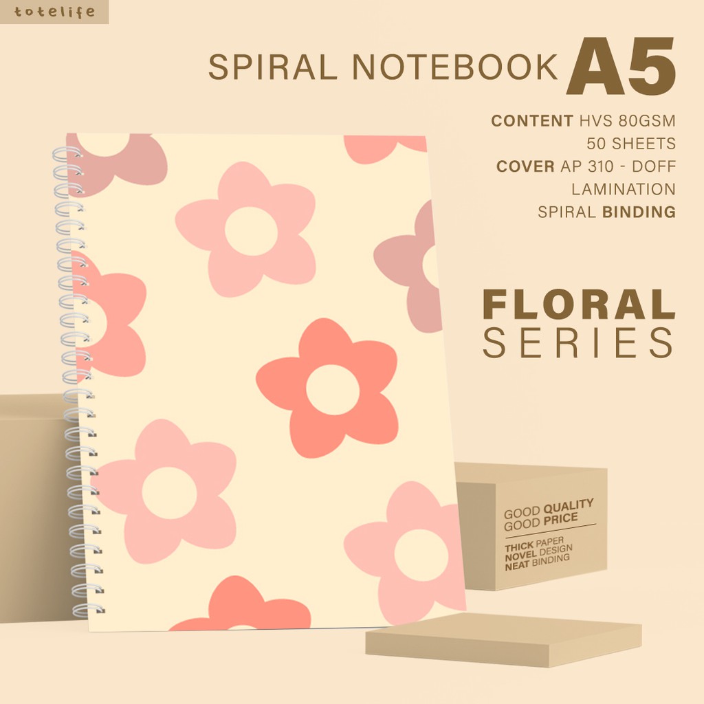 

[totelife] Notebook Spiral A5 / Floral Series / 50 Lembar 80gsm/ Dotted Grid Lined Plain Paper