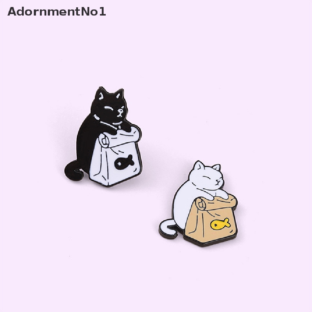 (AdornmentNo1) Bros Pin Enamel Desain Kucing Hitam Putih + Ikan Kering