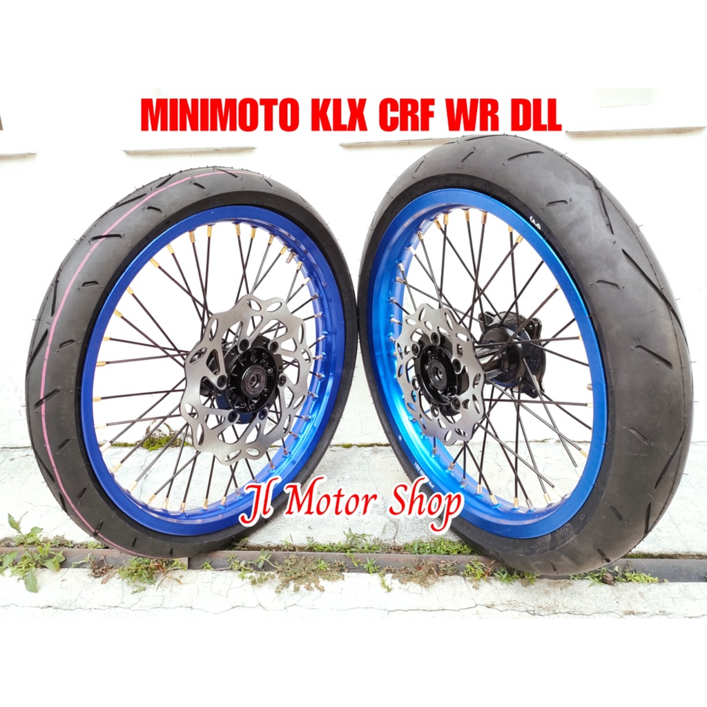 PAKET VELG  MINIMOTO SUPERMOTO MINI CRF 150 CRF150 KLX D-TRACKER 150 RING 17 SEMI CACING UKURAN PELEK KECIL PLUS BAN VELG KECIL PNP FREE PIRINGAN CAKRAM