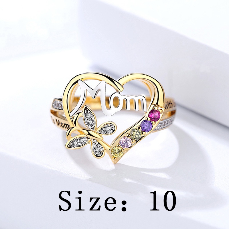 Cincin Emas 14k Desain Kupu-Kupu Hati Hollow Hias Berlian Untuk Hadiah Hari Ibu