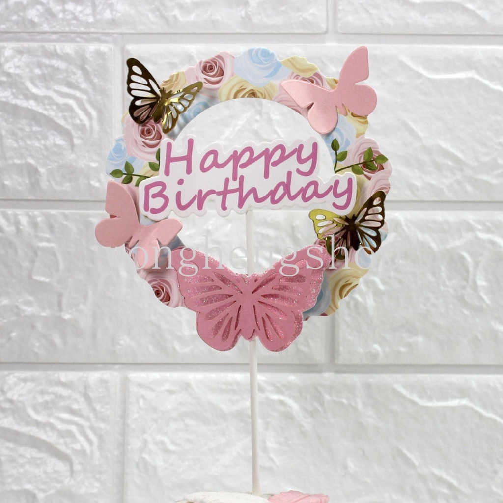 Topper Kue Desain Butterfly Happy Birthday 3D Untuk Dekorasi Pesta Pernikahan