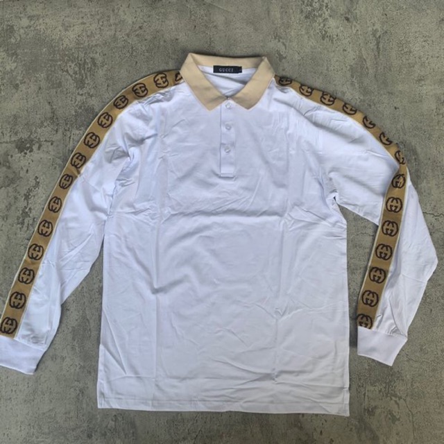 Kaos Polo Tangan Panjang Pria Gucci Interlocking G Stripe White Import