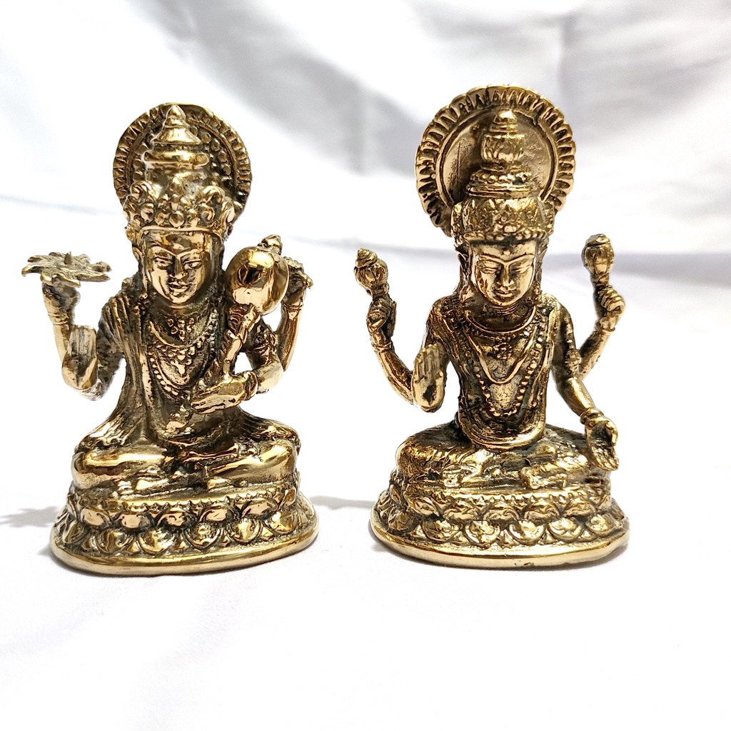 Patung dewa wisnu dan dewi Laksmi 12cm gold kuningan set2