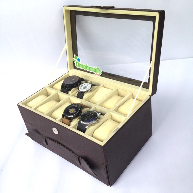 BROWN CREM - Kotak Jam Tangan Isi 12 Kombinasi Tempat Kacamata / Box Tempat Jam dan Kacamata Murah