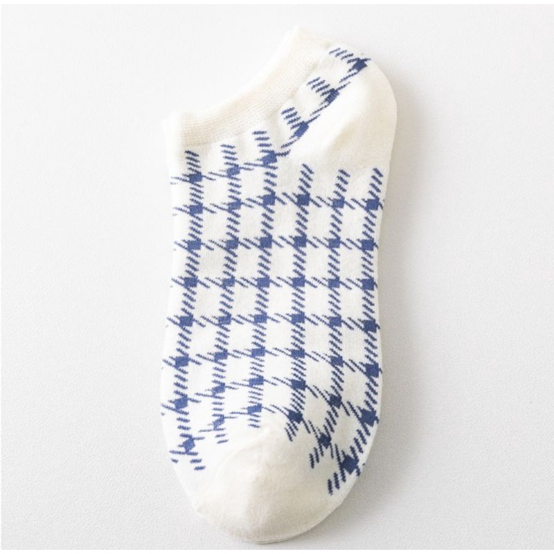 [ COD ] Kaos Kaki Wanita Pria Unisex Motif Garis Kotak Simple Polos Biru Dongker / Kaoskaki Wanita Pendek Semata Kaki / Kaos Kaki Korea Style-Kotak putih