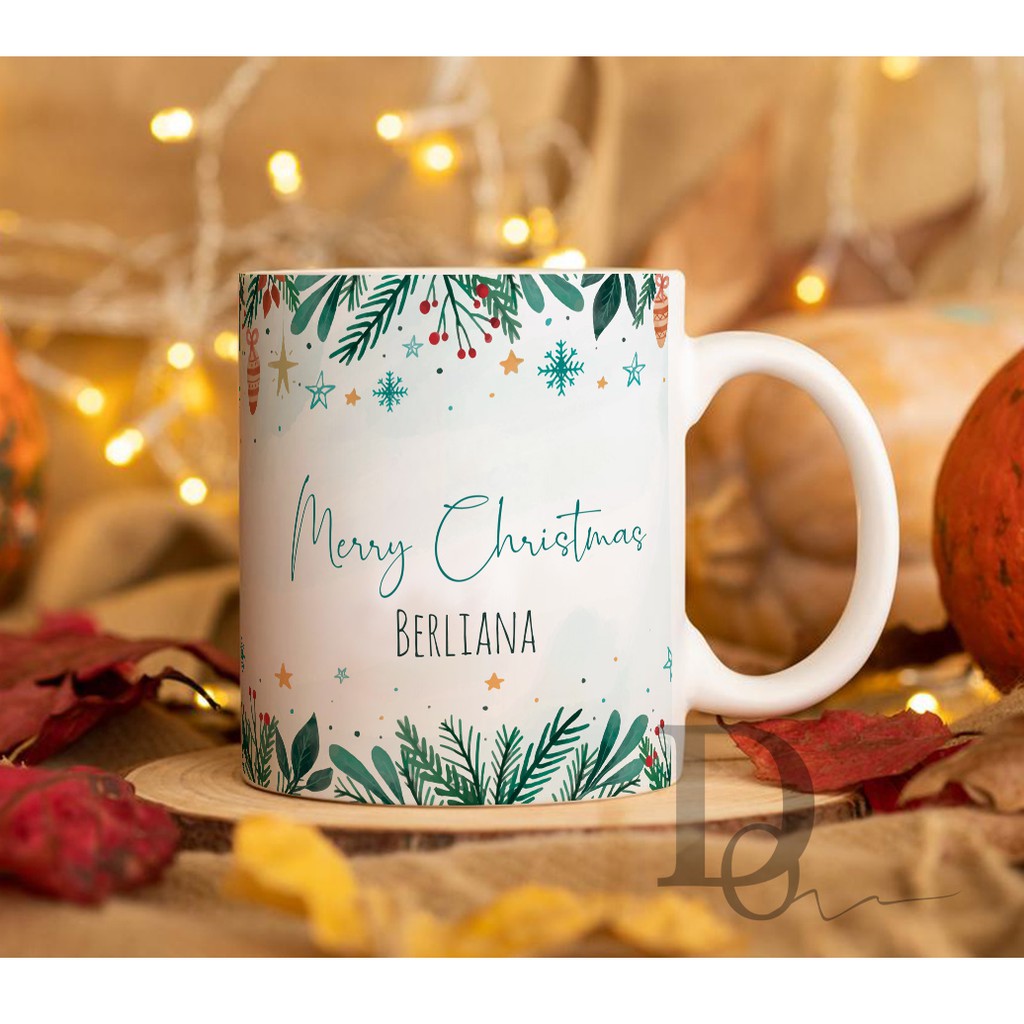 Mug Cangkir Gelas Merry Christmas Floral Daun Hijau Kado Natal Custom Nama