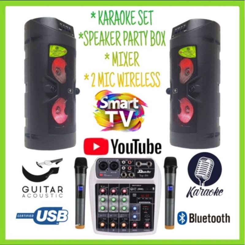 karaoke set party box mini 3R dobel mixer bluetooth 2 mic wireless