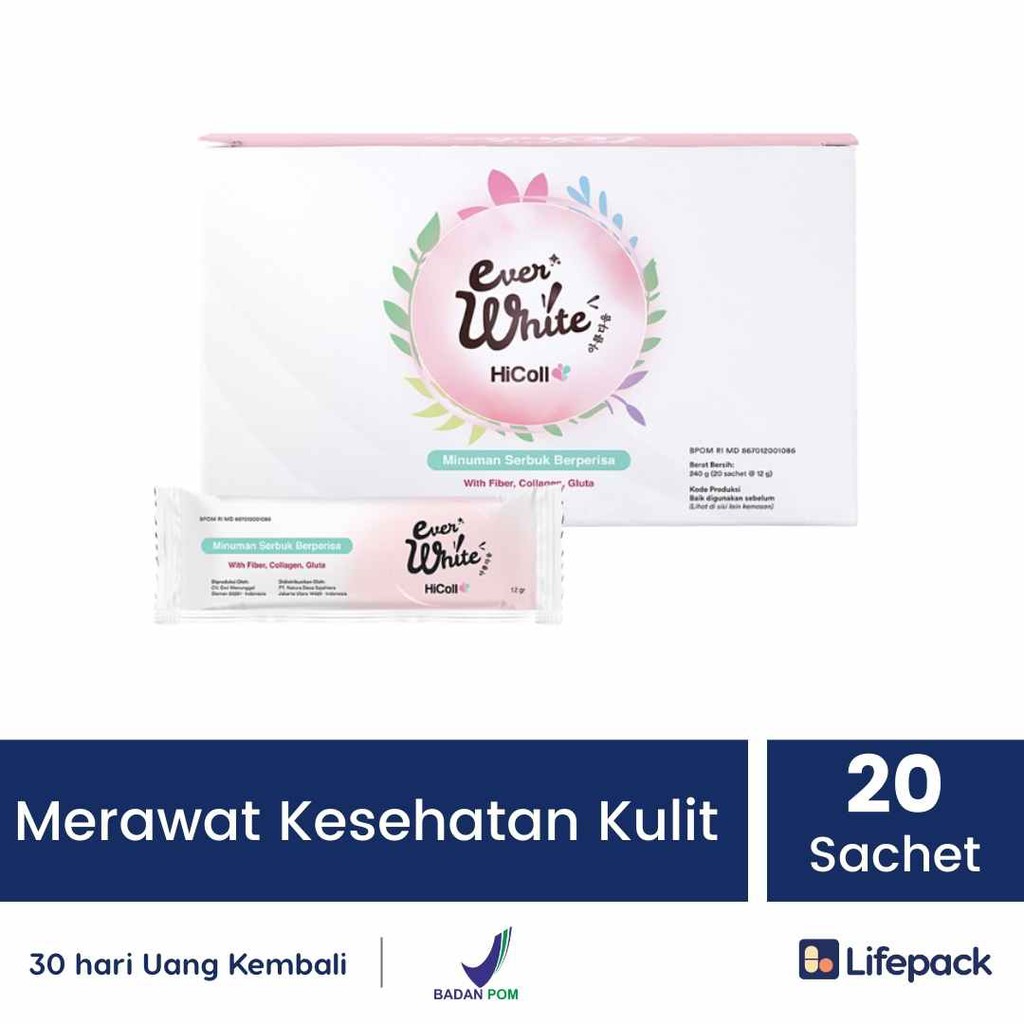 EVERWHITE HICOLL SACHET - COLLAGEN, GLUTATHIONE, VITAMIN C, FIBER - Kulit Putih, Cerah, Anti aging-1 Box