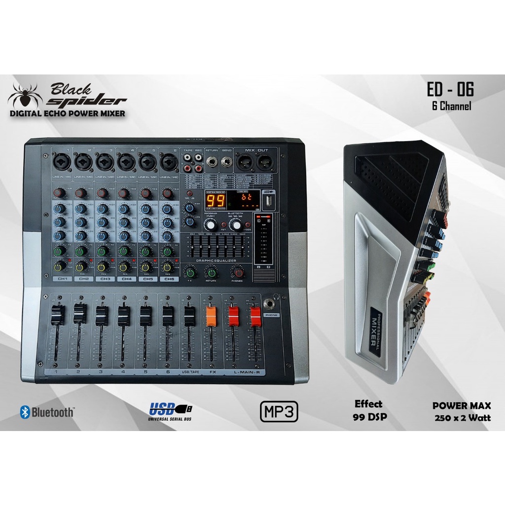 POWER MIXER AUDIO BLACK SPIDER ED 6 6 CHANNEL USB BLUETOOTH BLACKSPIDER ED 6